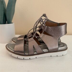 Sofft Pewter Metallic Leather Gladiator Wedge Sandals